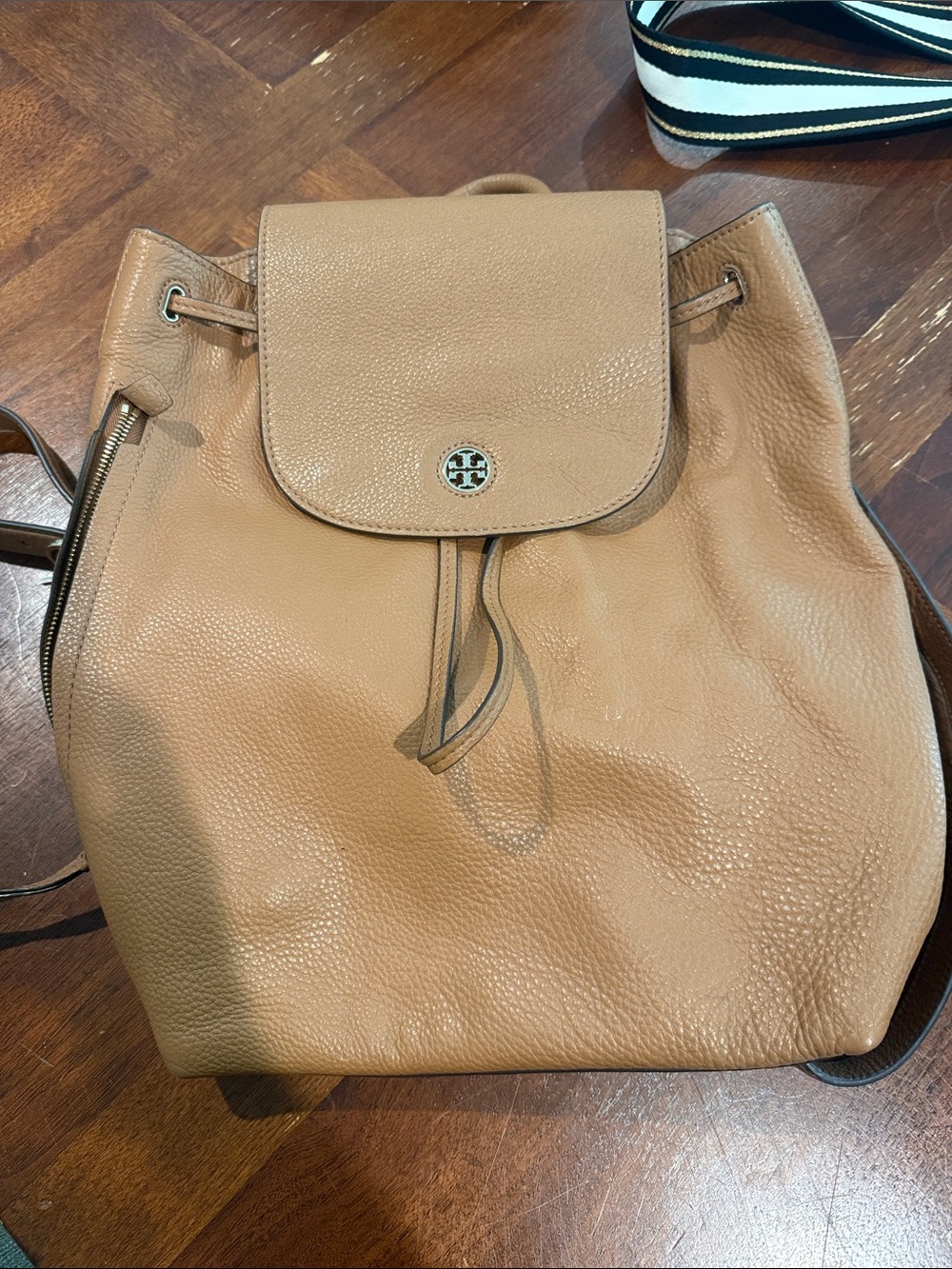 Tory Burch Camel Pebbled Leather Drawstring Backpack